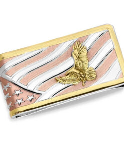Front of the Montana Silversmiths High Praise Money Clip with a gold tone eagle flying in front of a silver and rose gold tone American flag with a gold border along the entire clip.