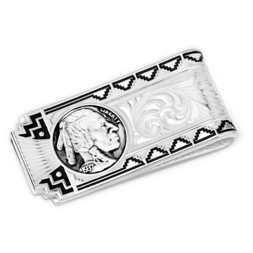 Front of the Montana Silversmiths Buffalo Nickel Southwestern Money clip with western engraving in the middle, a black stepped pattern on the edge and the heads side of a buffalo nickel.