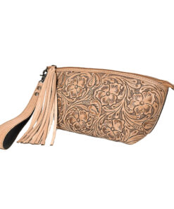 Front of the American Darling Hand-Tooled Hand Bag in light colored leather with Western, floral tooling. Features a leather fringe tassel on the zipper and a matching wrist strap.