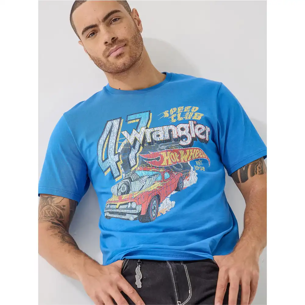 wrangler x hotwheels men's graphic tee blue