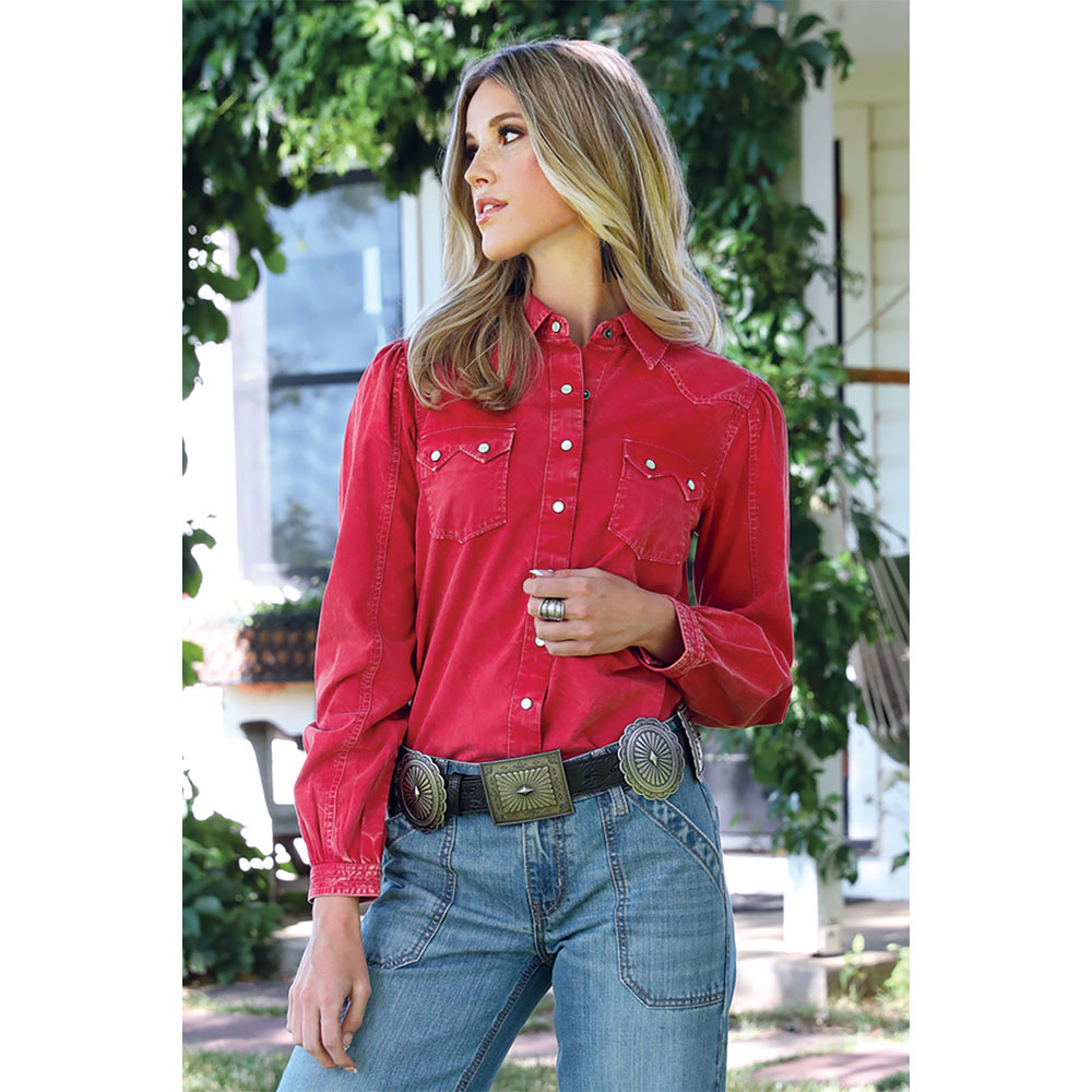 cruel denim women's long sleeve shirt red