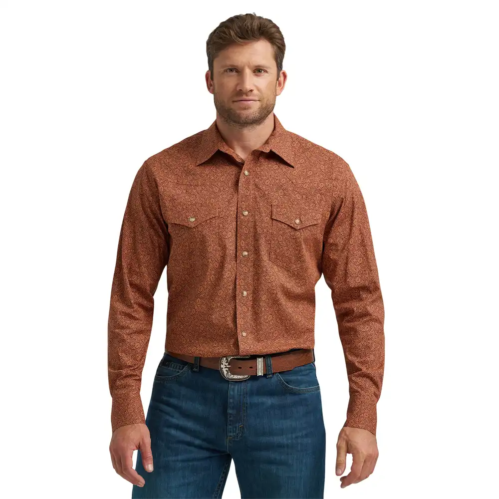 wrangler men's long sleeve shirt brown paisley