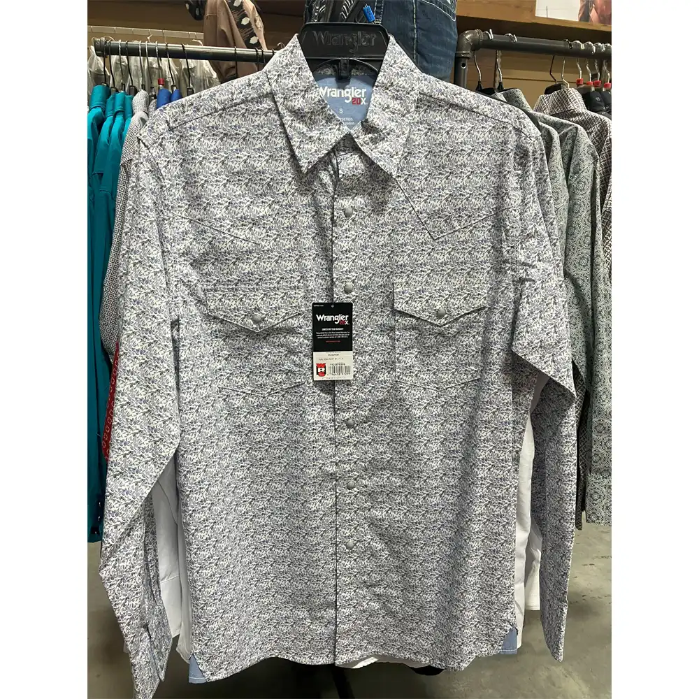 wrangler men's long sleeve shirt white and blue