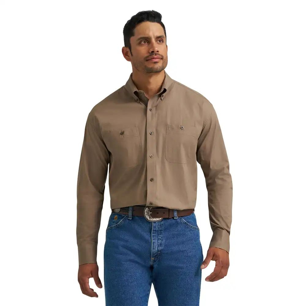 wrangler men's long sleeve shirt brown