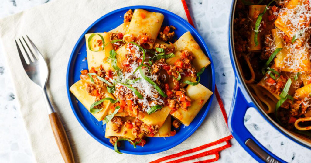 Lodge cast iron october recipe of the month Pasta bolognese.