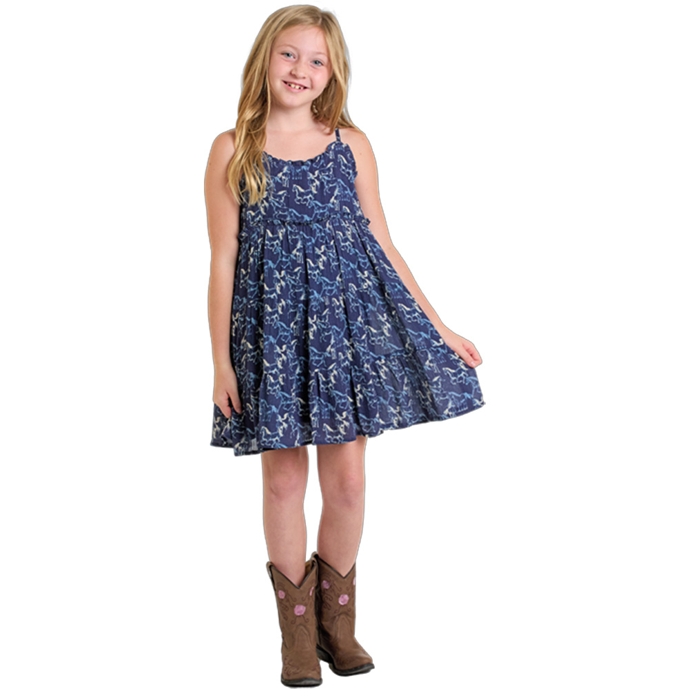 rock & roll denim girl's dress navy horse print