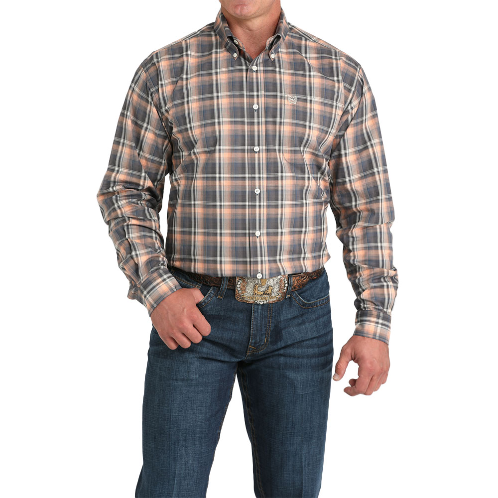 cinch men's long sleeve shirt coral plaid