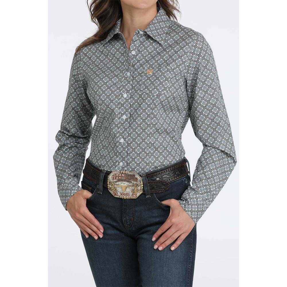 cinch women's long sleeve shirt turquoise and white