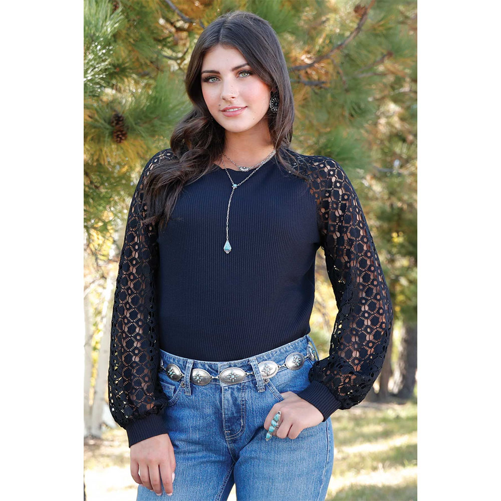 cruel denim women's lace sleeve top black