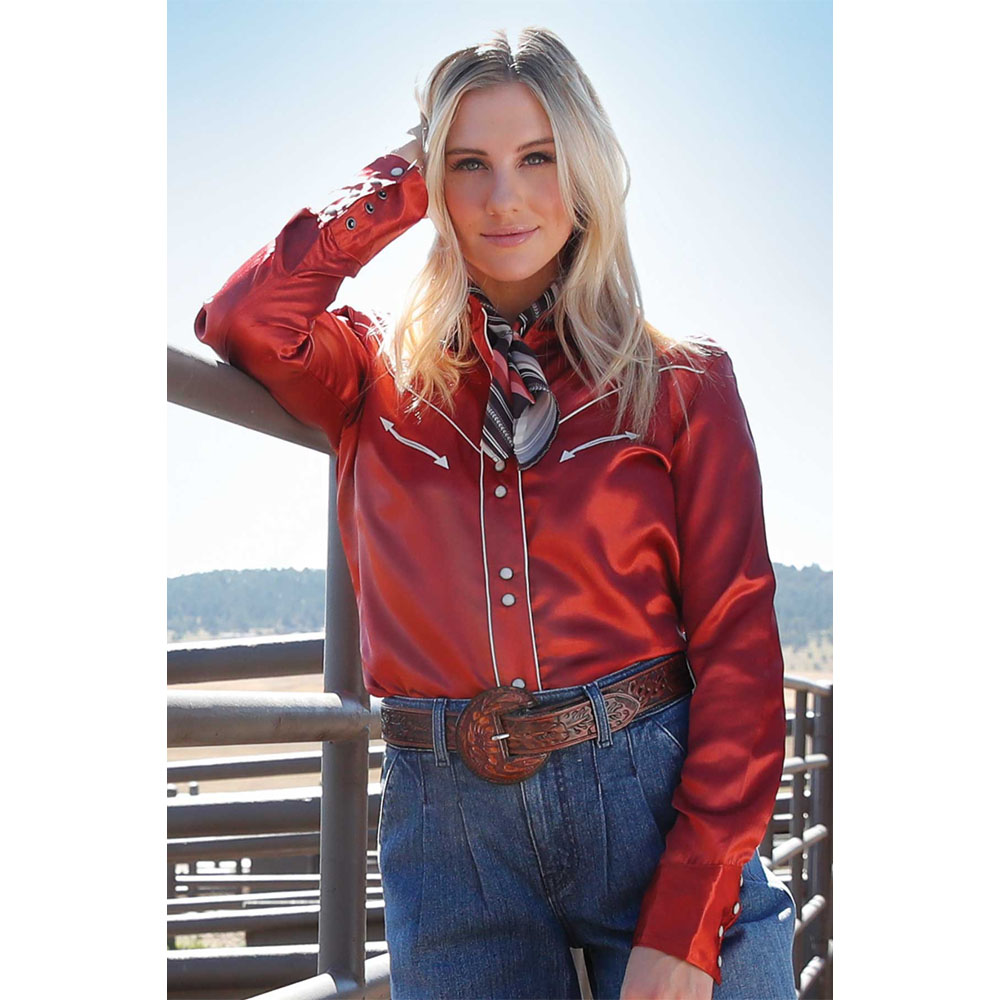cruel denim women's satin long sleeve shirt red