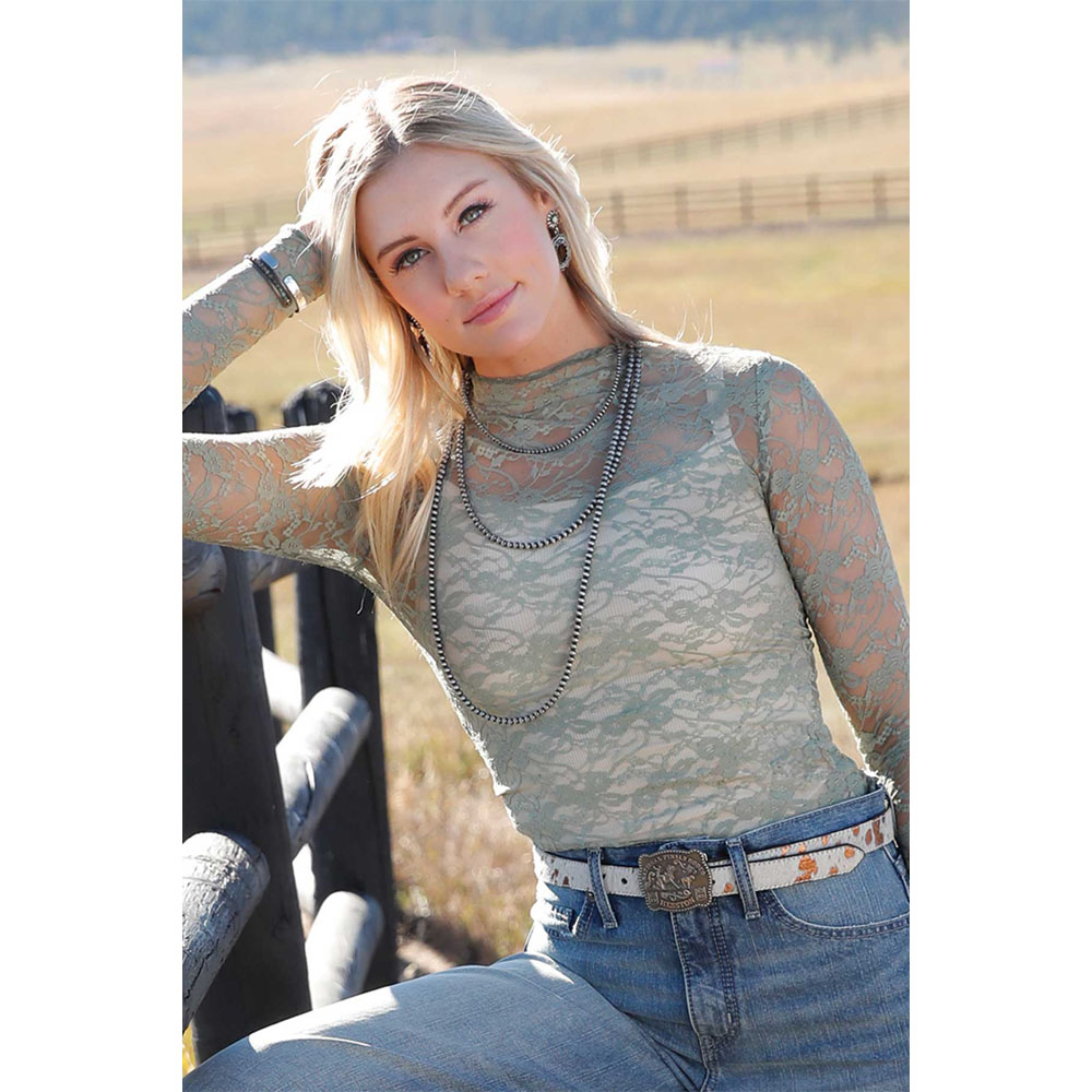 cruel denim women's long sleeve mesh top green