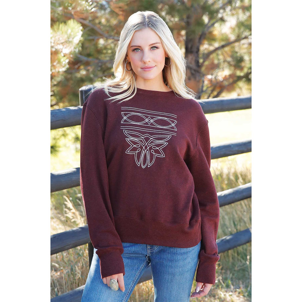 cruel denim women's boot stitch sweatshirt burgundy