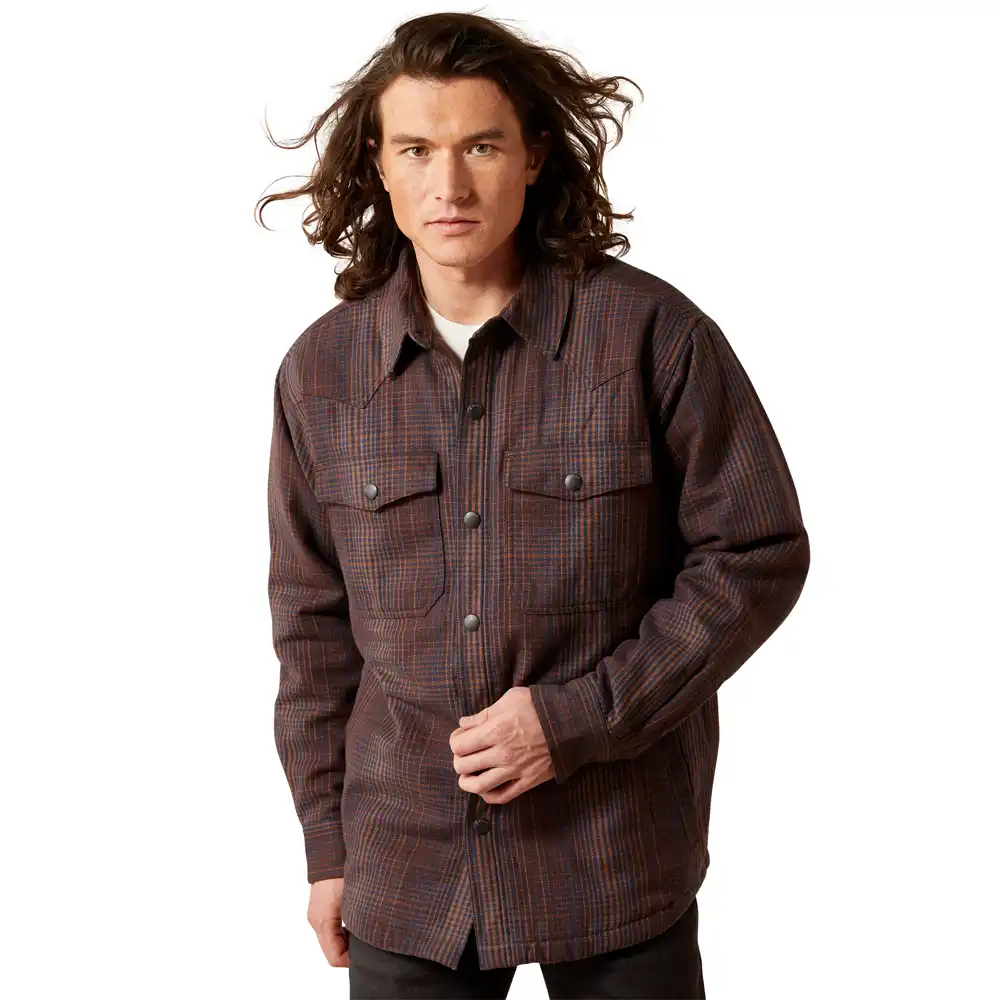 ariat men's shirt jacket in brown plaid