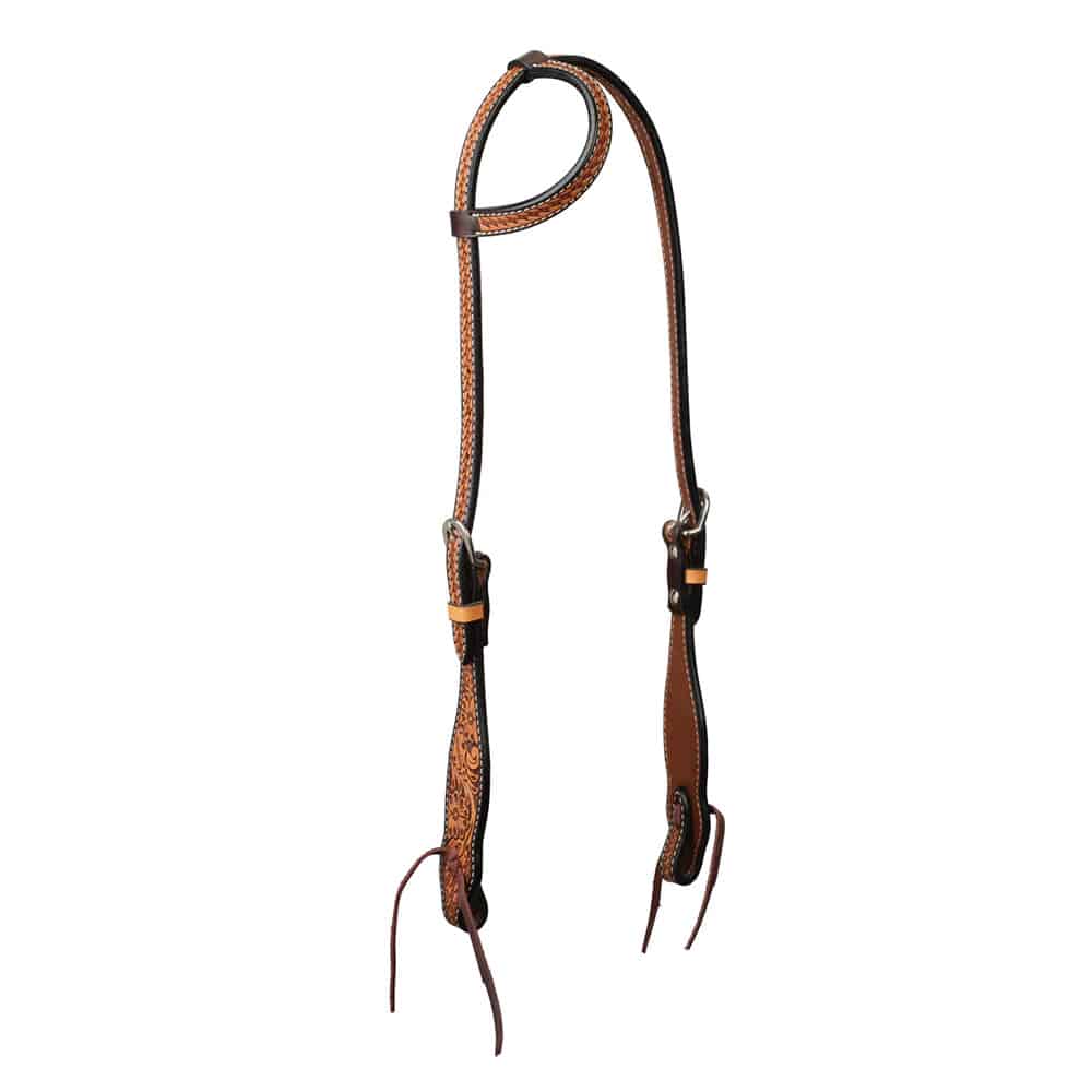 sliding ear basket weave tooled leather headstall.