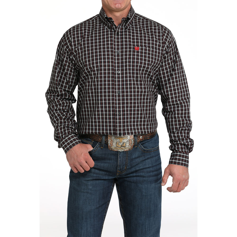 cinch men's long sleeve shirt red and black plaid
