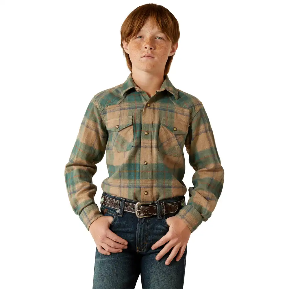 ariat boy's shirt long sleeve in teal plaid