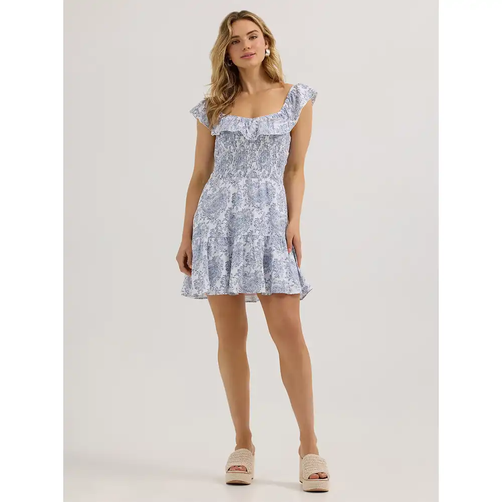 wrangler women's ruffle dress blue white