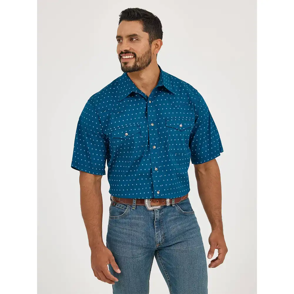 wrangler men's short sleeve shirt blue