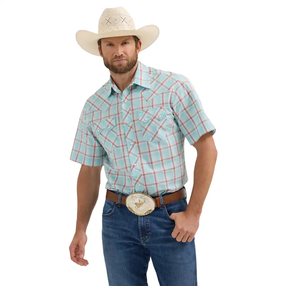 wrangler men's short sleeve shirt red and blue