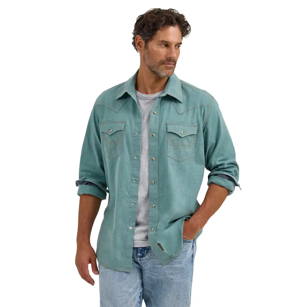 wrangler men's western shirt in turquoise denim