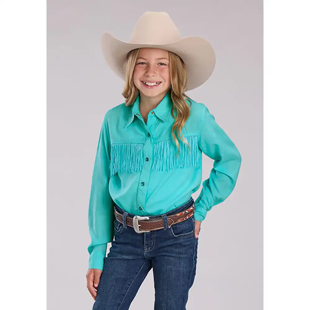 roper girl's long sleeve fringe shirt turquoise