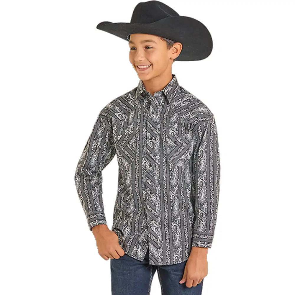 boy's long sleeve snap shirt in charcoal