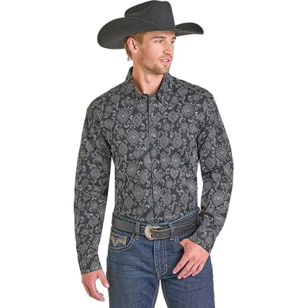 men's long sleeve paisley shirt in charcoal