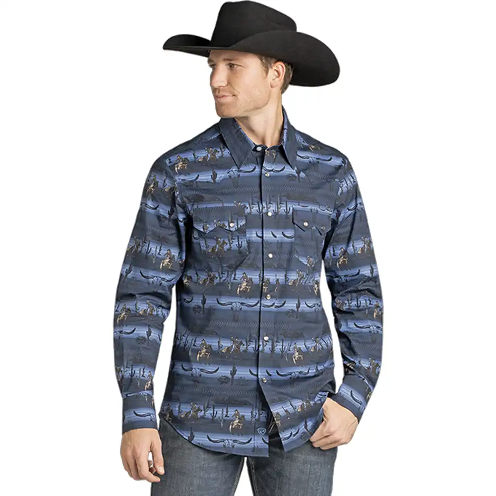 rock & roll denim men's long sleeve snap shirt in blue