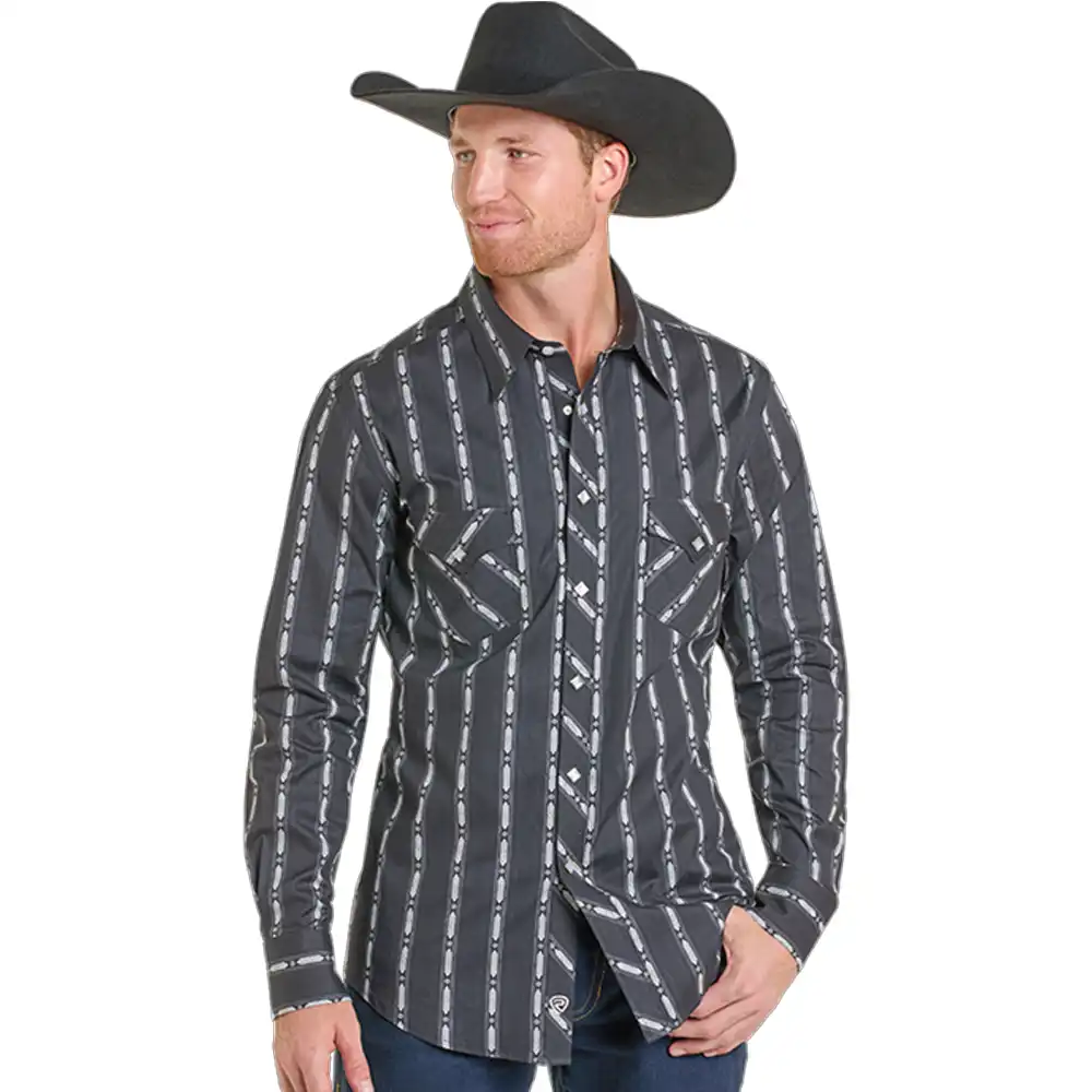rock & roll denim men's long sleeve snap shirt