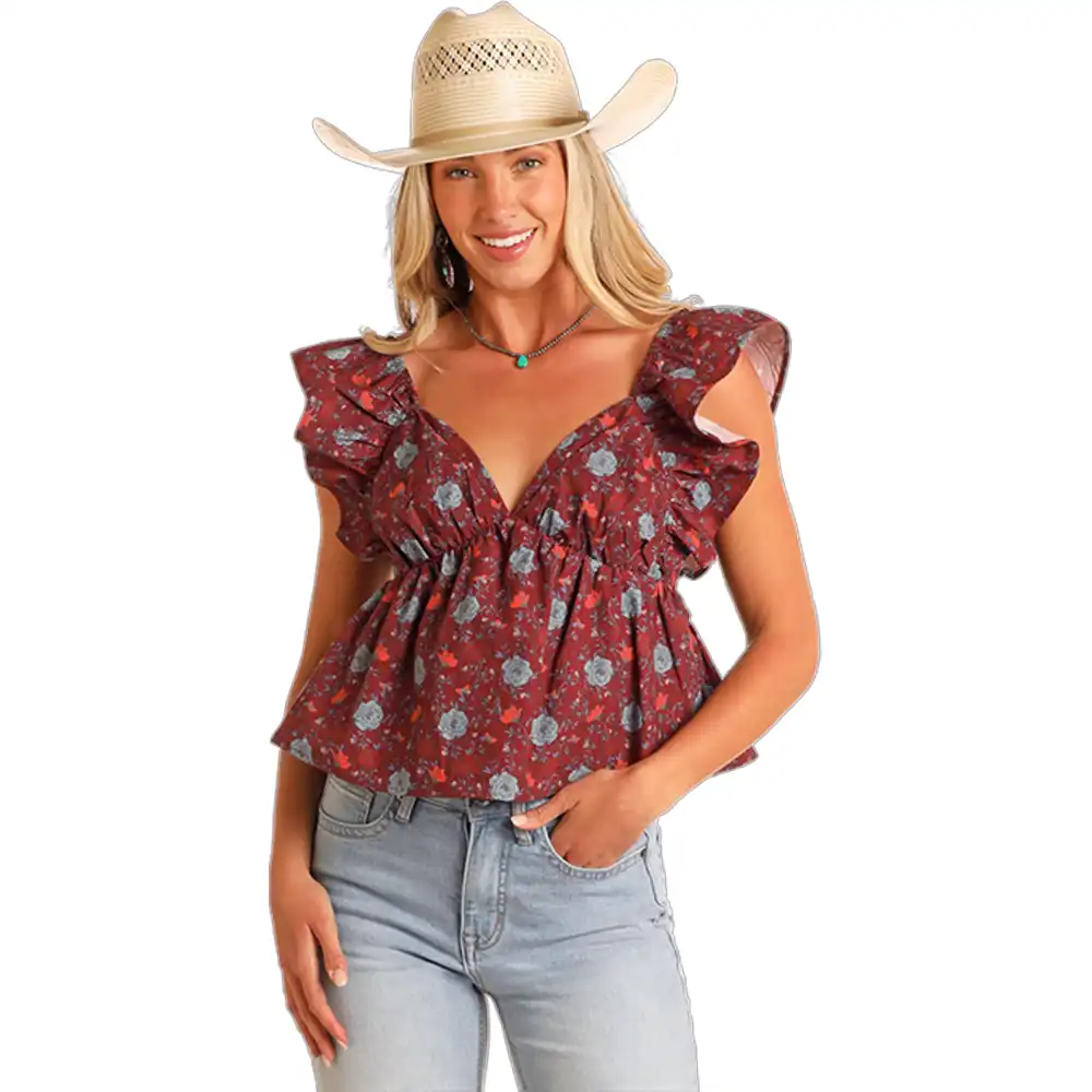 rock & roll denim women's flutter tank burgundy