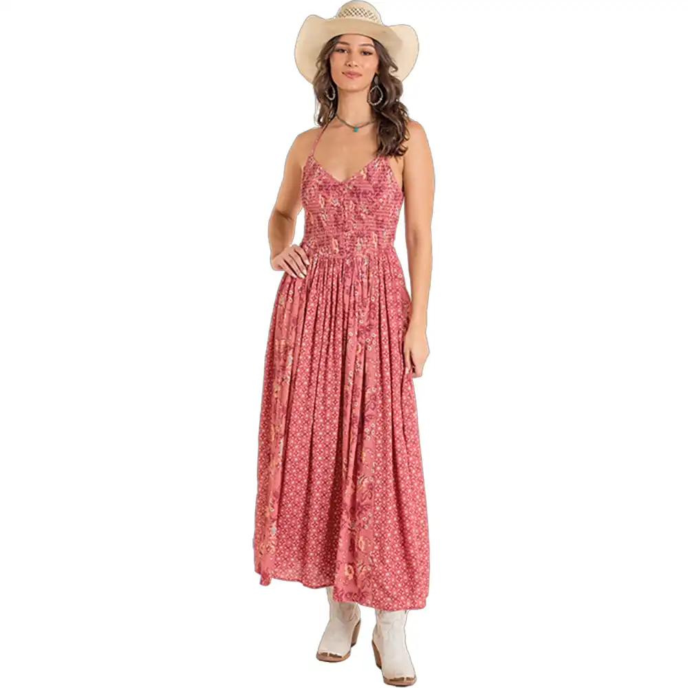 rock & roll denim women's maxi dress mauve rose