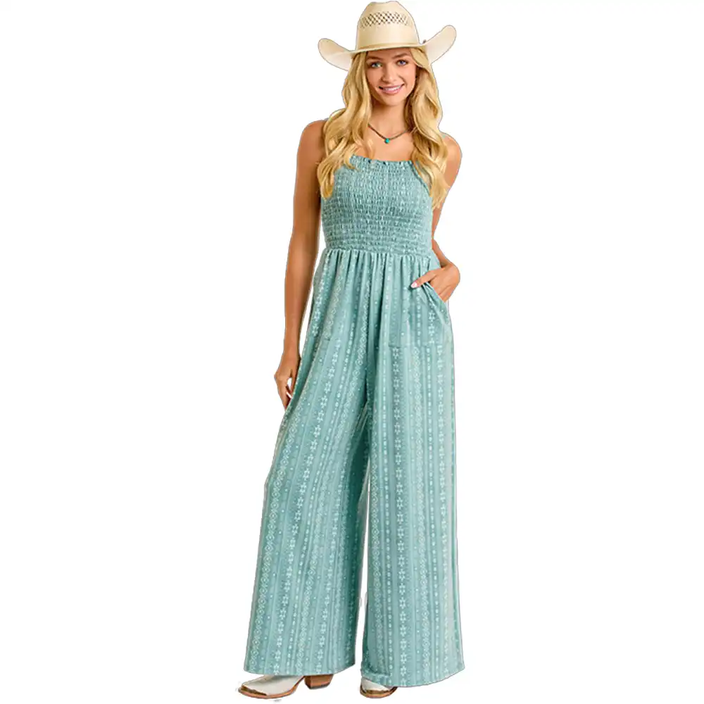 rock & roll denim women's smocked jumpsuit jade