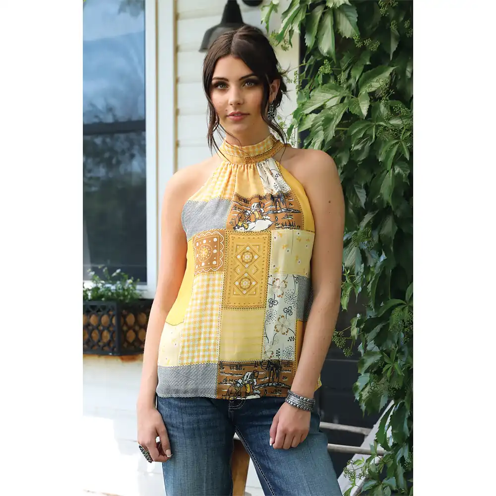 cruel denim women's sleeveless blouse yellow chiffon