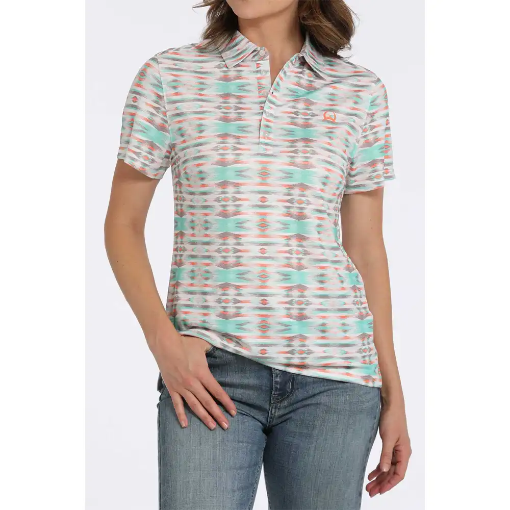 cinch women's polo white orange turquoise