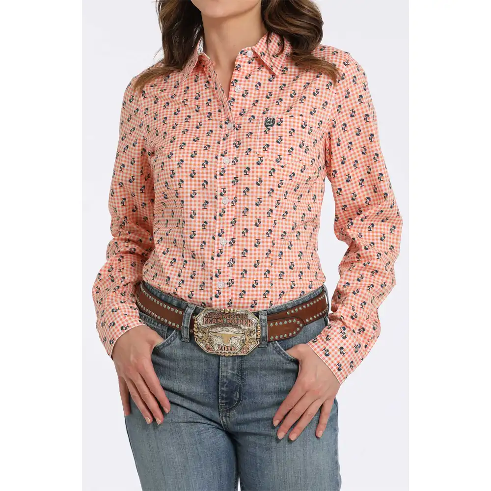 cinch women's long sleeve shirt printed orange