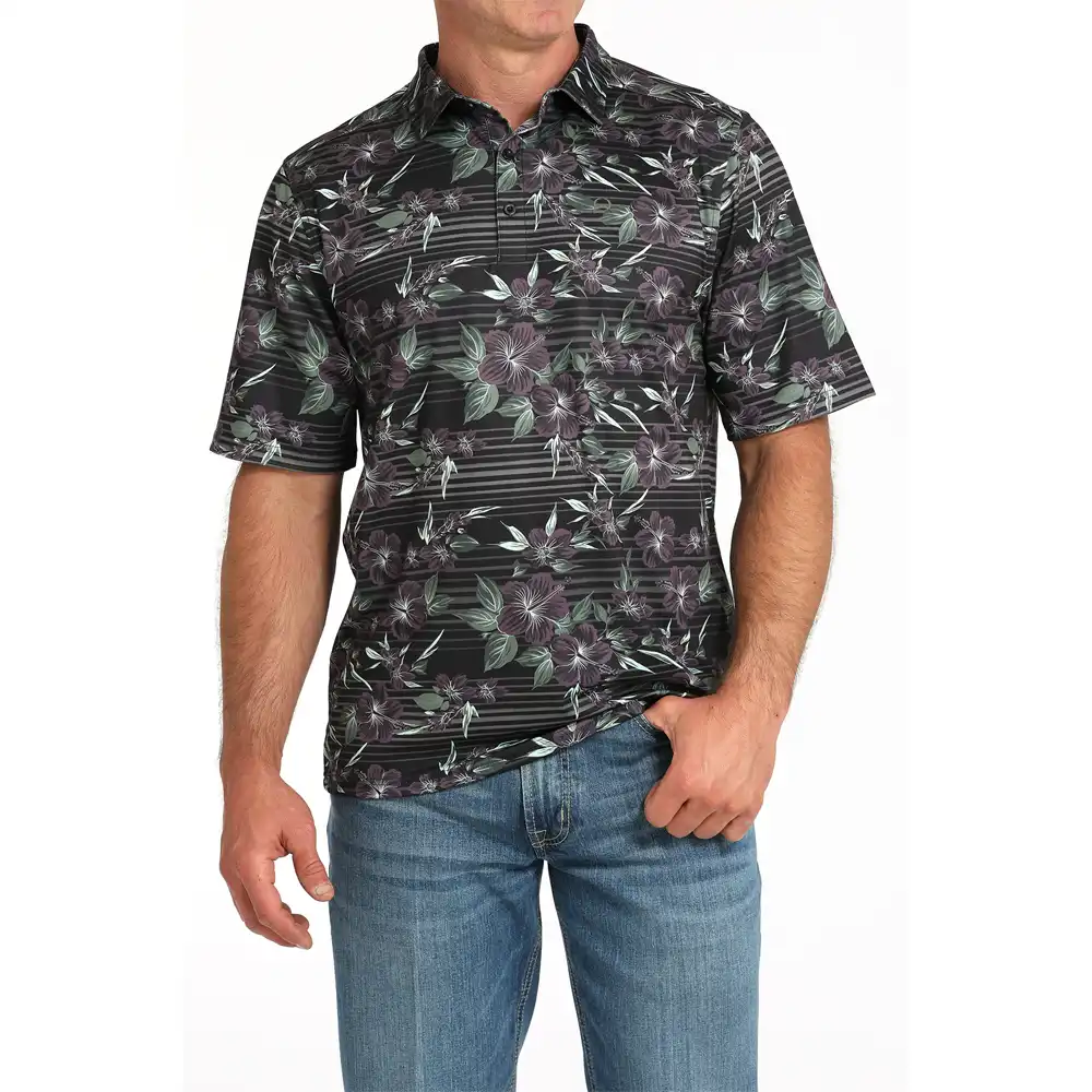 cinch men's short sleeve polo printed black