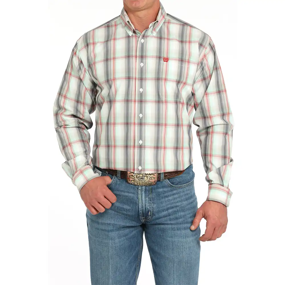 cinch men's long sleeve shirt red and white