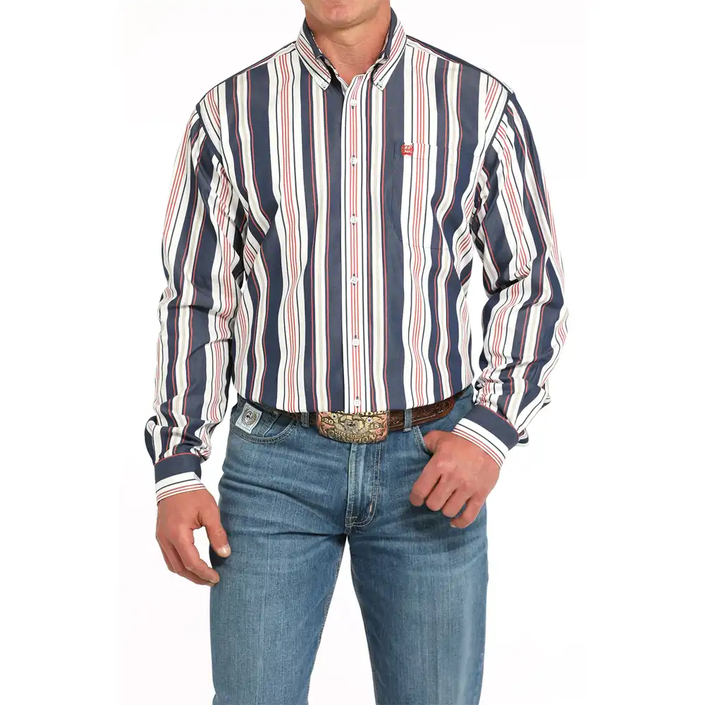 cinch men's long sleeve shirt red and white