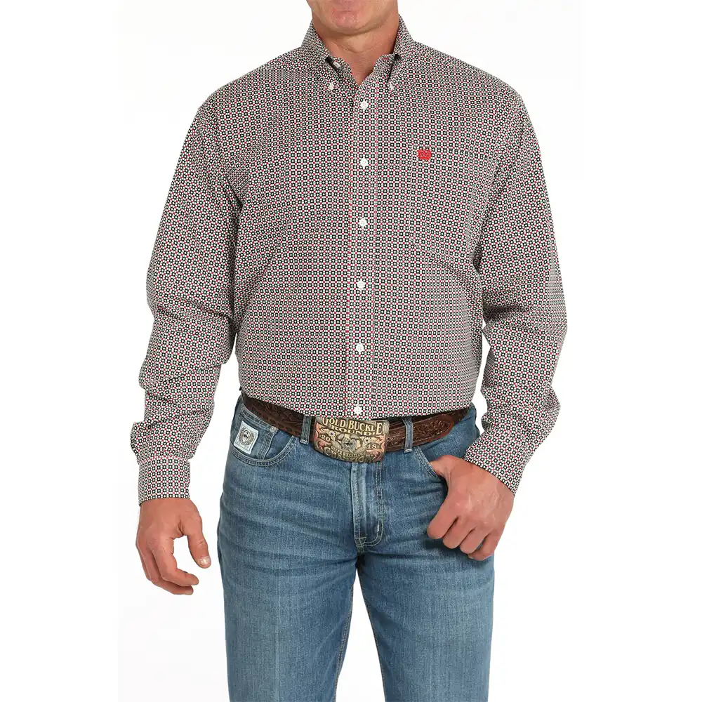 cinch men's long sleeve shirt red and cream