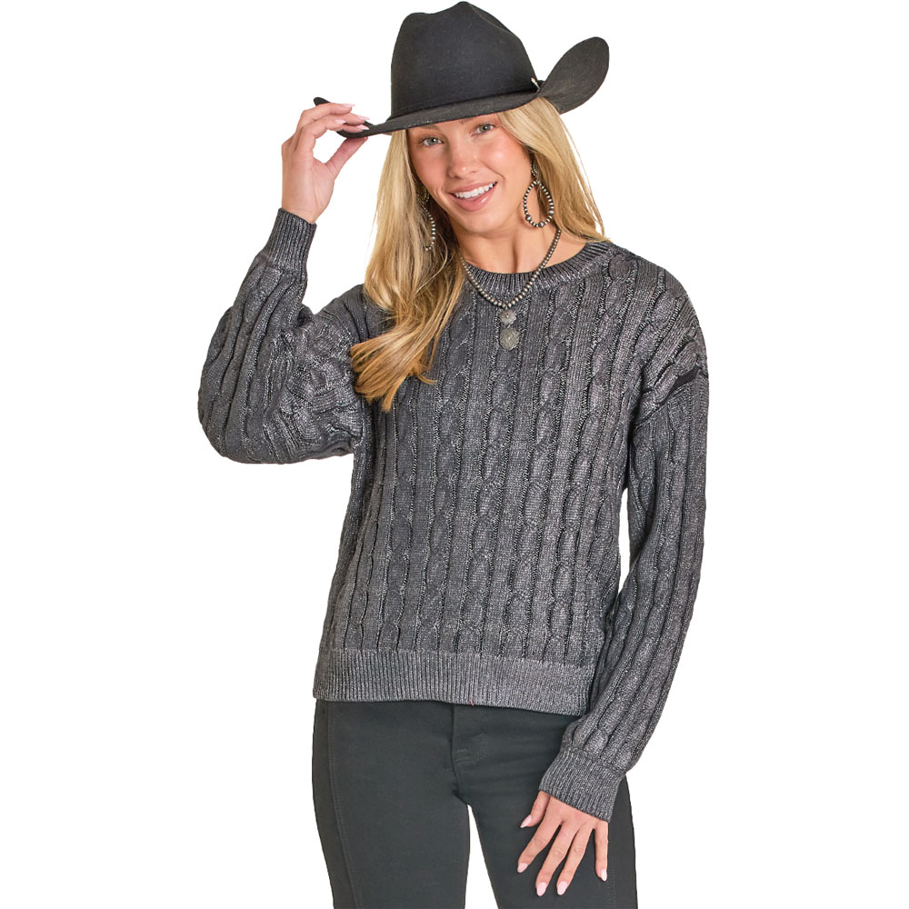 rock & roll denim women's sweater silver foil