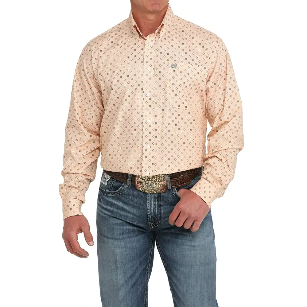 cinch men's long sleeve shirt orange geometric print