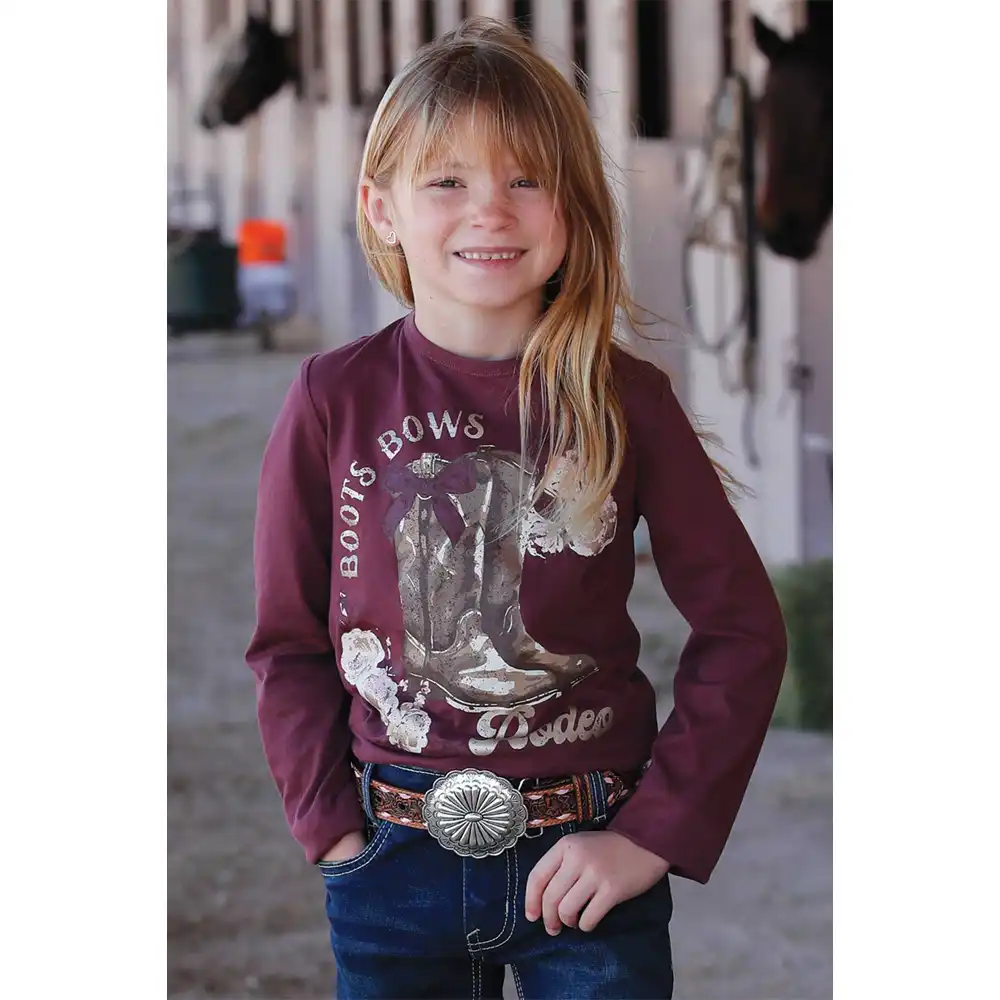 girl's long sleeve tee shirt in burgundy with graphic