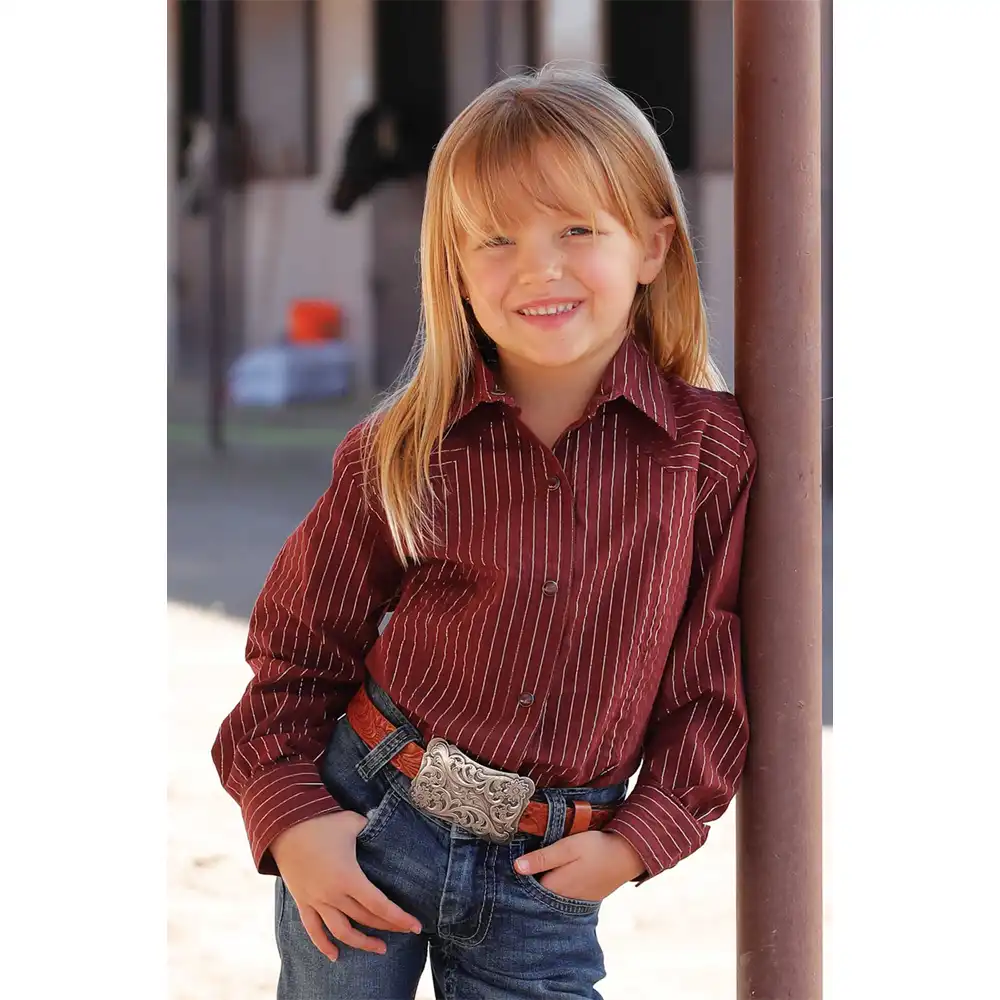 cruel denim long sleeve girl's western shirt in burgundy stripe