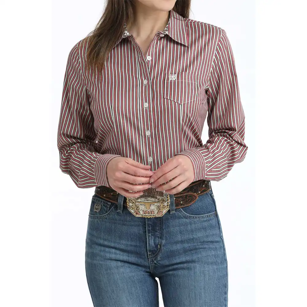 cinch long sleeve women's western shirt in red stripe
