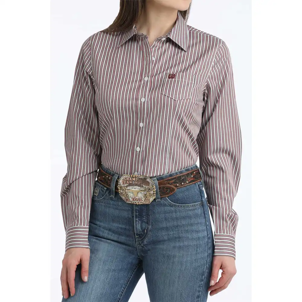 Long Sleeve Women's Western Shirt - Striped Burgundy