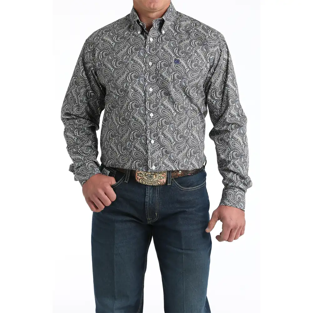 cinch long sleeve men's western shirt in light blue paisley