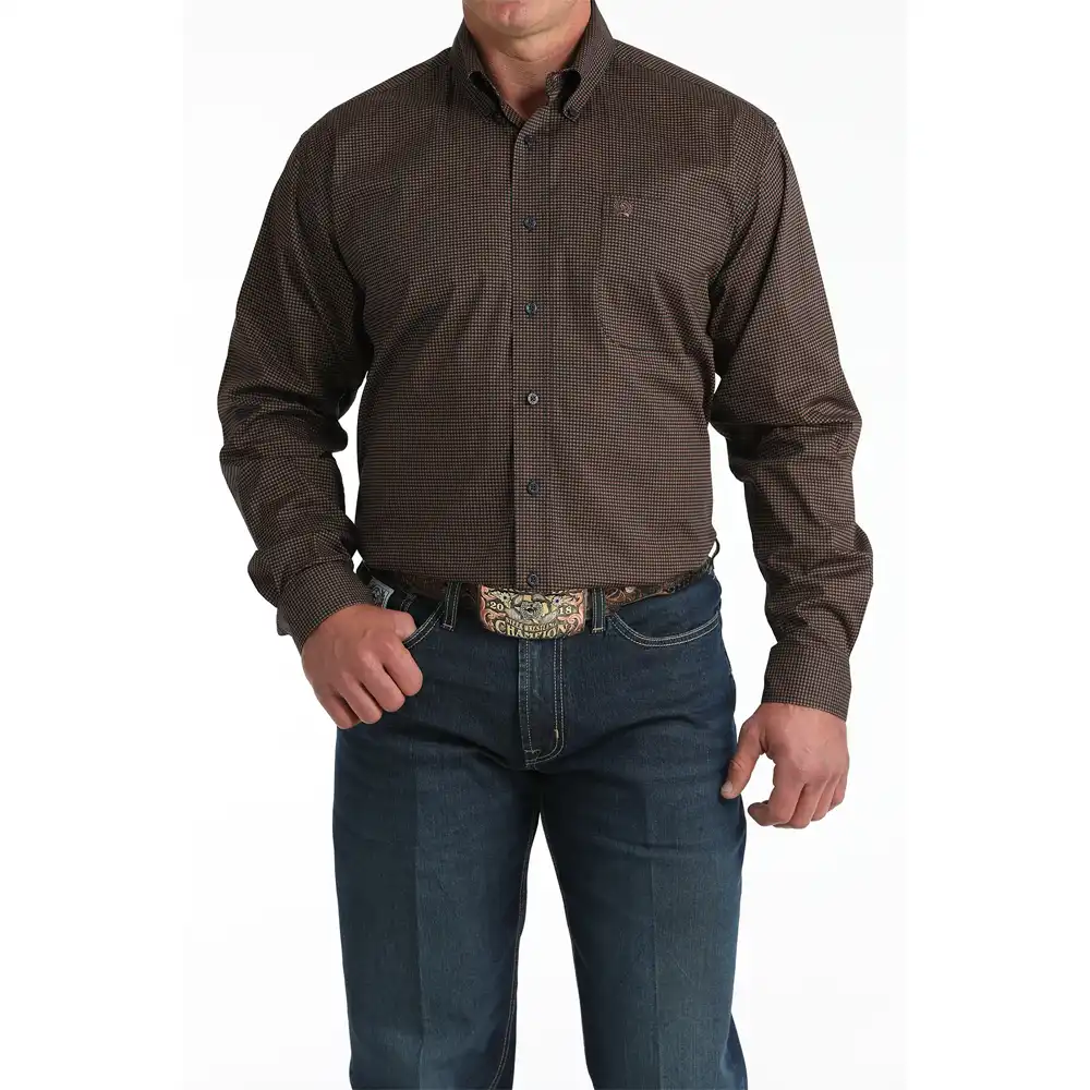 cinch long sleeve men's western shirt in brown and navy