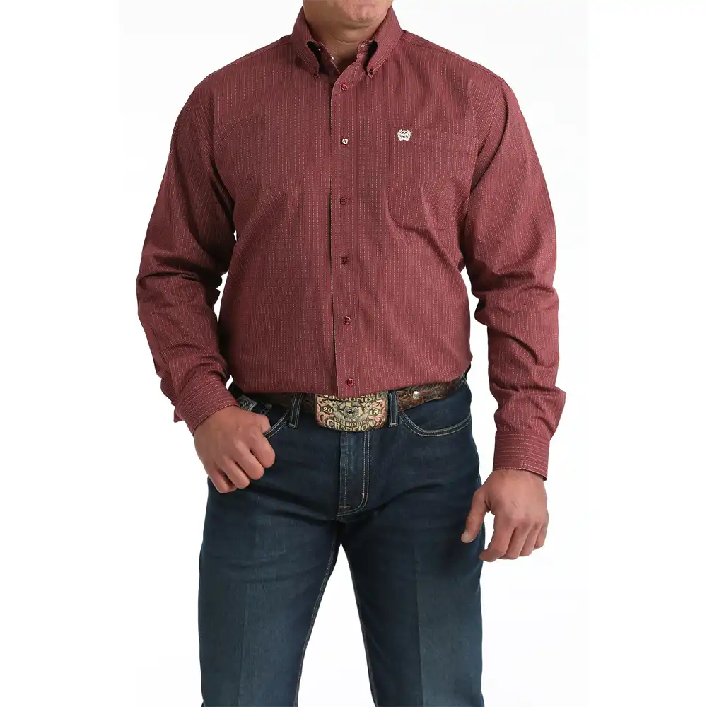 Long Sleeve Men's Western Shirt - Burgundy and Cream