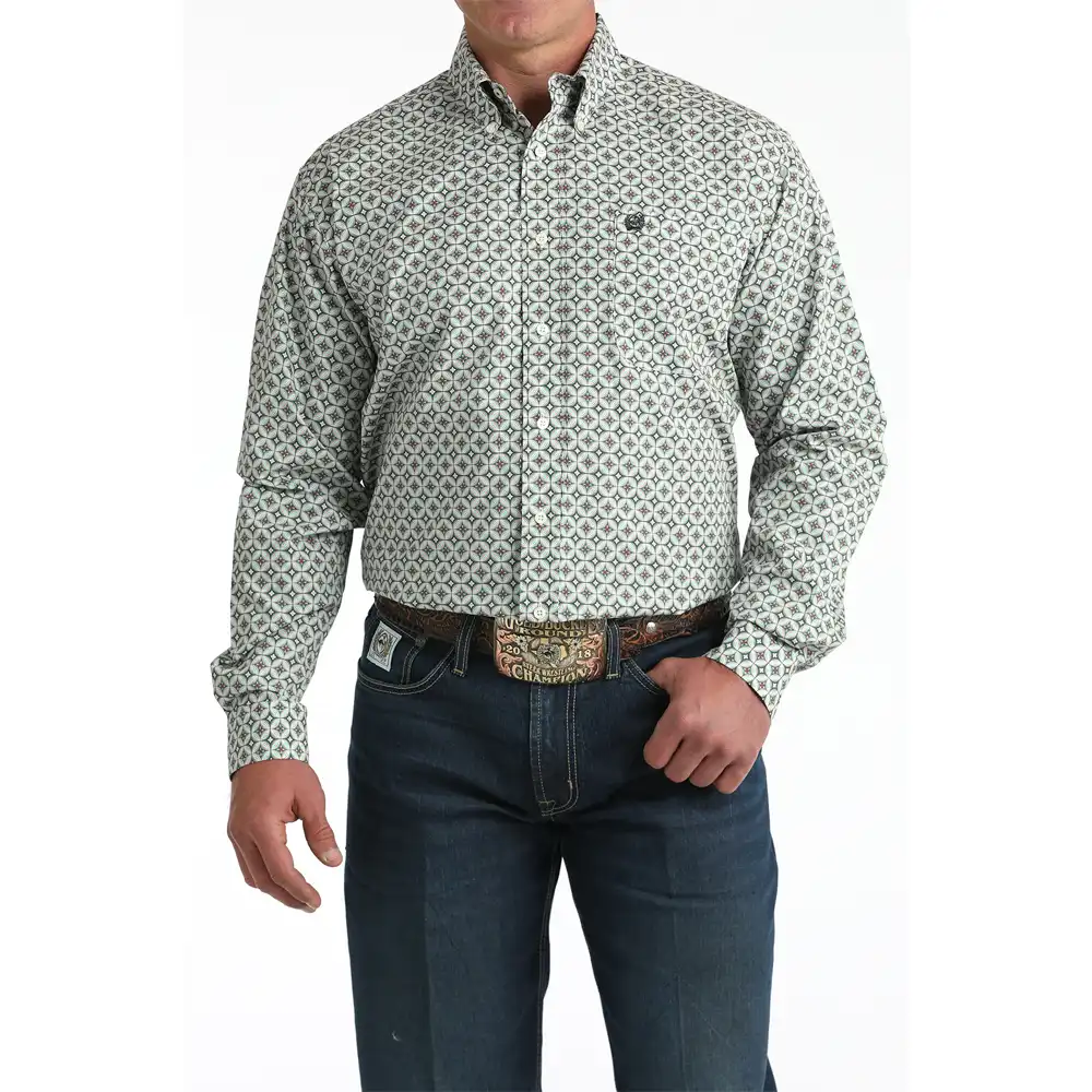 long sleeve men's western shirt turquoise and cream