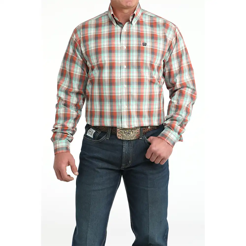 Long Sleeve Men's Western Shirt - Aqua and Red Plaid